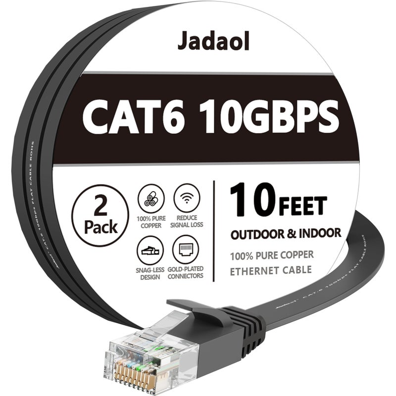 Jadaol Cat 6 Ethernet Cable 10ft 2-Pack, 10Gbps Support Cat8 Cat7 Network, Flat High Speed LAN Internet Patch Cables, Short Ethernet Cables for Router, Modem, Switch, PC, Laptop, Gaming Console, Black - Image 1